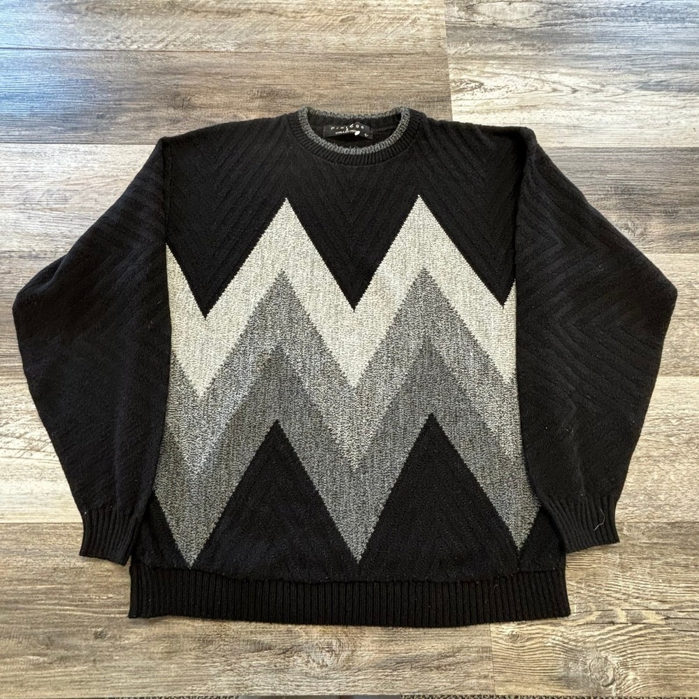 Vintage‎ Protege Collection Black Mens L Zig zag Pattern Geometric 90s Sweater